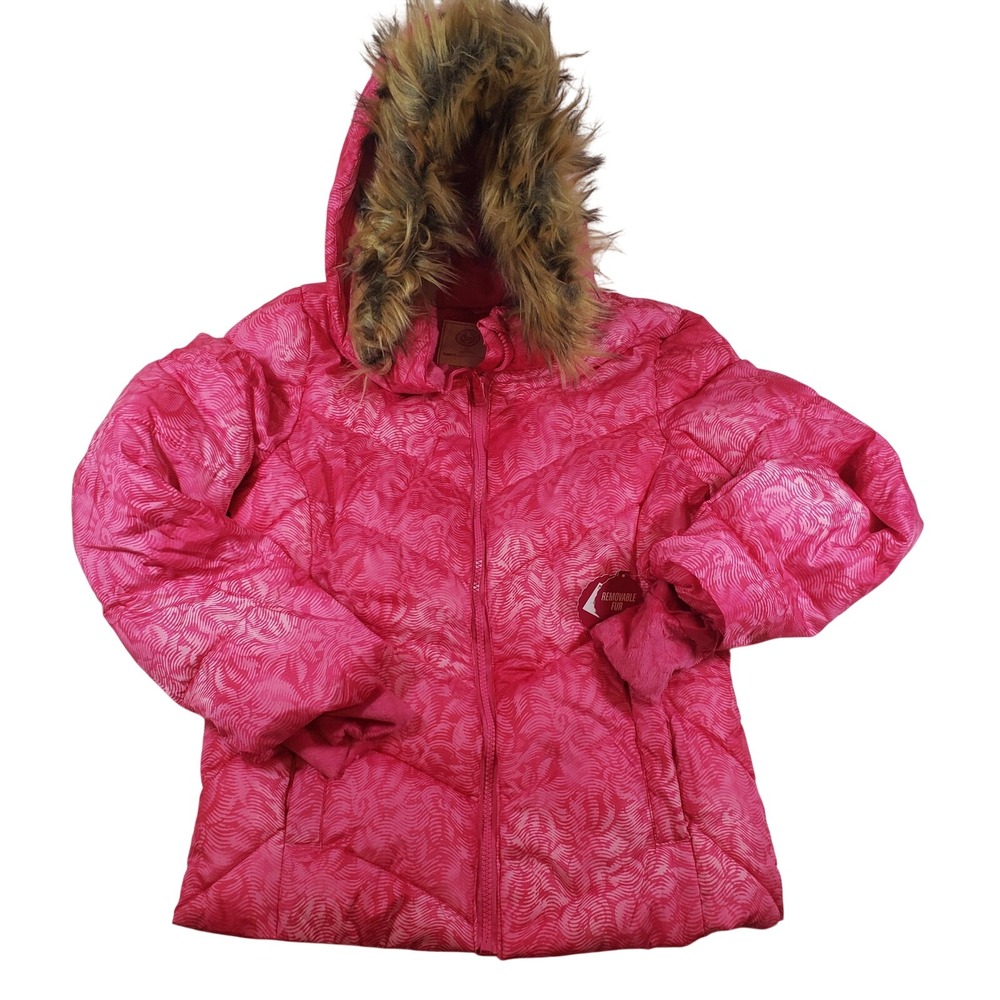 NWT SO Girls Pink Floral Puffer Jacket Removable Faux Fur Hood Size 14 DS84HQ01B